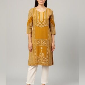 W for Women Mustard Embroidered Tunic Kurti with white cotton pants Preowned